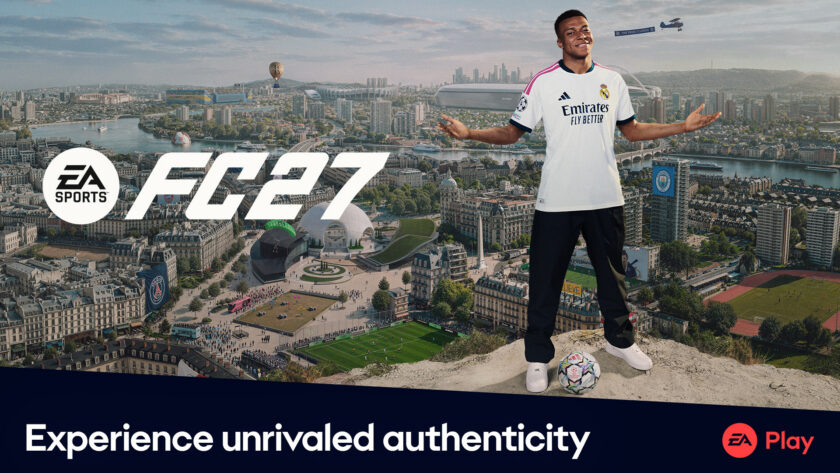 EA Sports FC 27 key art featuring Kylian Mbappé over a cityscape of football pitches