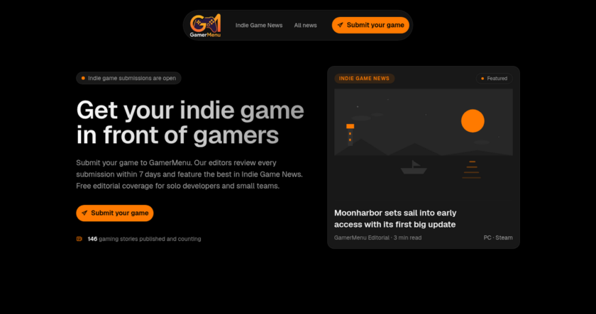 The GamerMenu indie game submissions page, showing the headline Get your indie game in front of gamers, an orange Submit your game button and an example Indie Game News story card