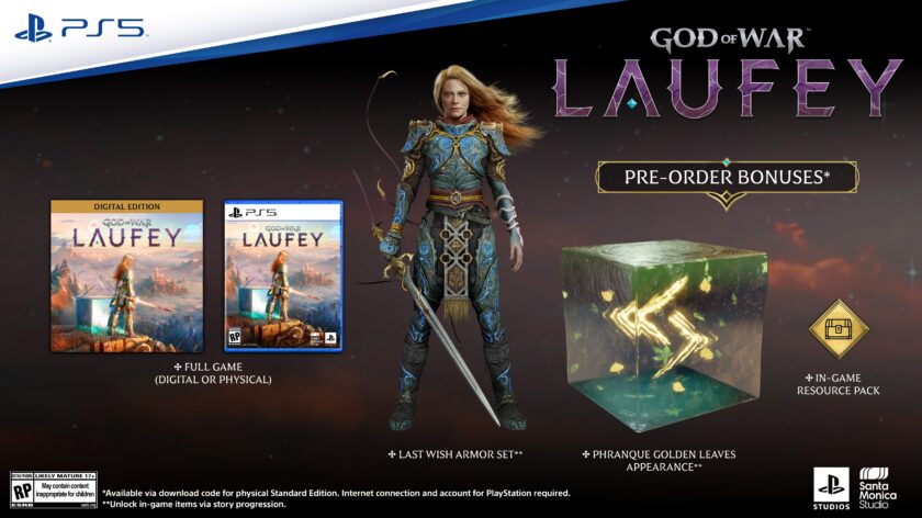 God of War Laufey pre-order infographic — Faye in the Last Wish Armor Set with the PS5 box art and pre-order bonuses, ahead of the February 16, 2027 launch