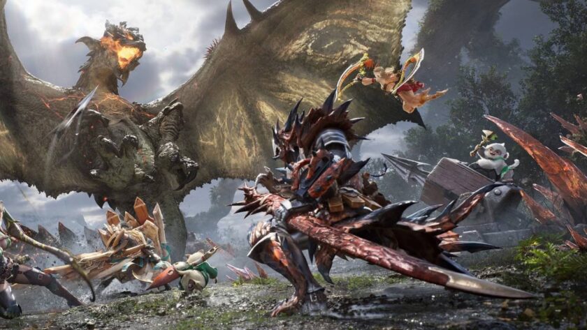 Monster Hunter Outlanders key art — hunters and Palicoes battle a wyvern in Capcom's mobile Monster Hunter, launching October 29 on iOS and Android