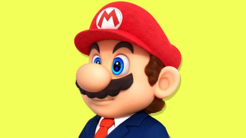 Mario dressed in a business suit and tie against a yellow background — Nintendo has won a $4.5 million default judgment against r/SwitchPirates moderator James Williams