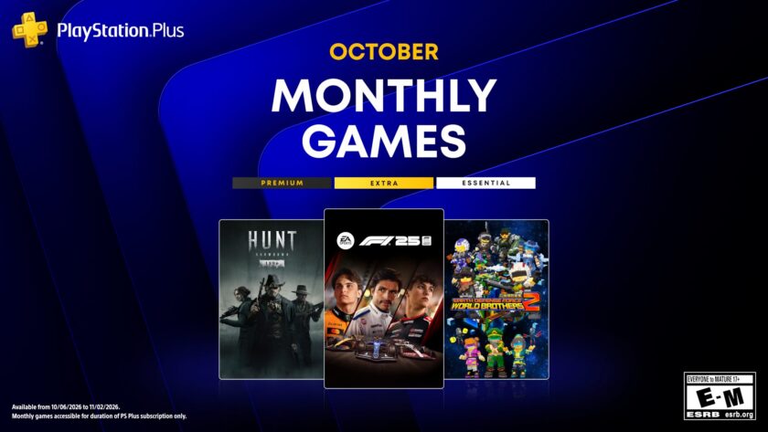 The official PlayStation Plus Monthly Games art for October 2026 featuring F1 25, Hunt: Showdown 1896 and Earth Defense Force: World Brothers 2, free for members from October 6