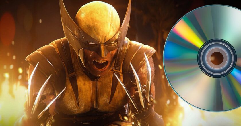 Wolverine beside a reflective game disc — Sony reportedly sent developers a survey asking for feedback on its plan to end physical PlayStation disc production