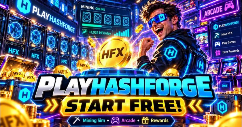 HashForge — free browser mining simulator with arcade mini-games and idle progression, cover art from the official trailer