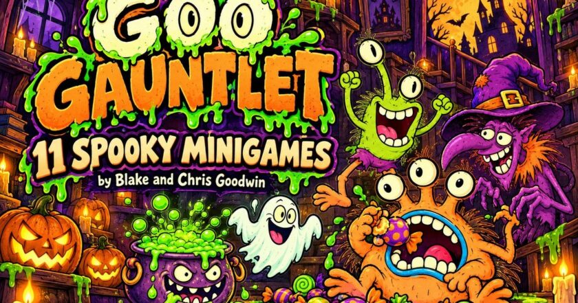 Goo Gauntlet key art — Halloween minigame collection logo with characters, cauldron and pumpkins