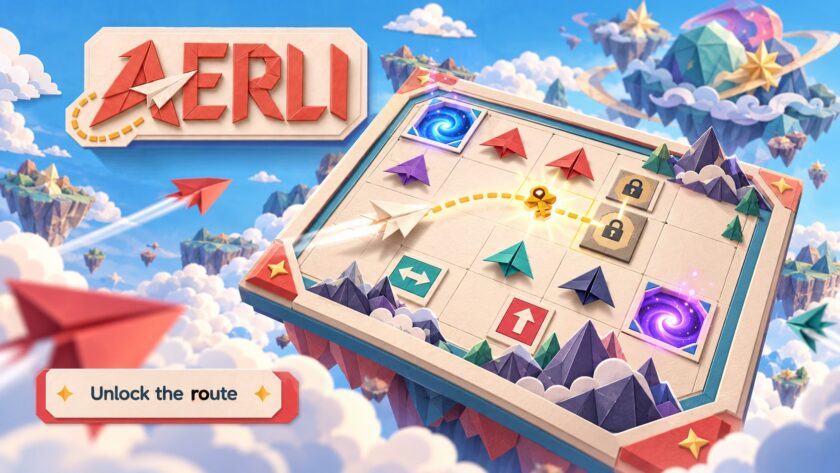 Aerli: Paper Plane Puzzle key art — the red AERLI logo above a tilted game board with paper planes, dashed flight paths, locks and portal tiles in MingosLab's one-tap mobile logic puzzle, out now on Google Play