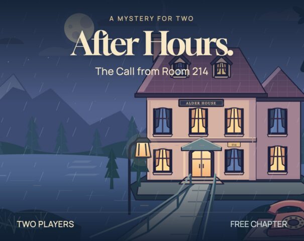 After Hours: The Call from Room 214 key art — a rain-soaked night outside the ALDER HOUSE hotel with lit windows, a full moon and a rotary phone in the corner, with the game's title, TWO PLAYERS and FREE CHAPTER banners, from the two-player browser mystery