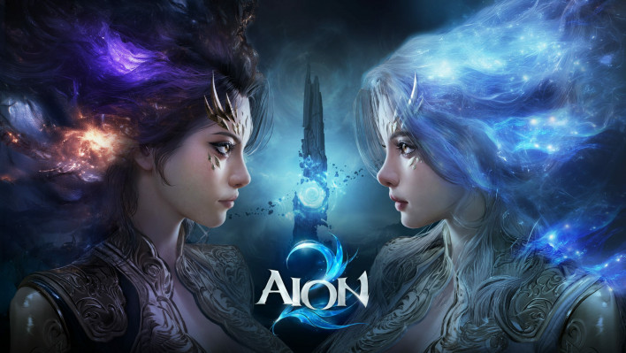 AION 2 key art with the game's logo — two horned characters wreathed in purple and blue energy flanking a glowing central tower, as NC's MMORPG opened global early access on Steam and PURPLE