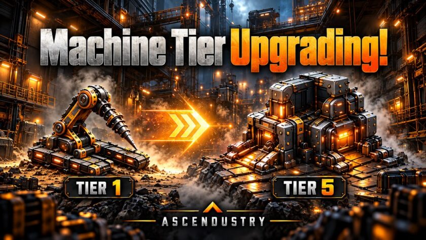 Ascendustry cover art — a sci-fi industrial mining drill machine shown upgrading from Tier 1 to Tier 5 in an industrial scene, with the ASCENDUSTRY logo and 'Machine Tier Upgrading!' headline, from XMKGames' idle factory management game