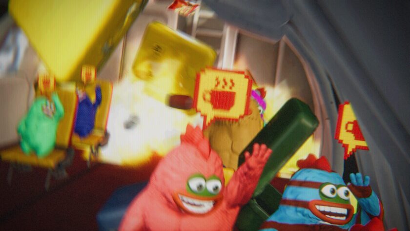 Banana Airways cover art — a chaotic cartoon airplane cabin with a grinning red fuzzy monster waving in the foreground, open overhead compartments and silly co-op characters everywhere, from Eggscape Entertainment's 6-player co-op airline comedy