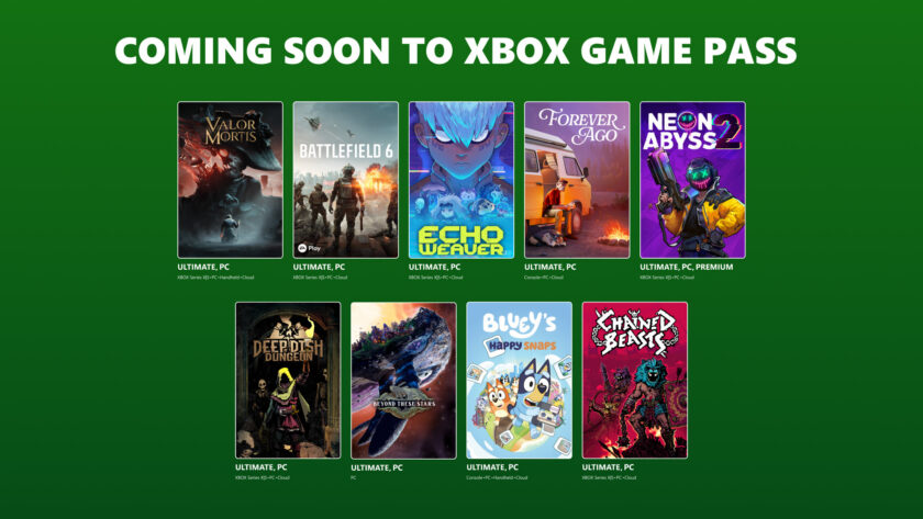 Xbox Game Pass October 2026 coming soon banner showing the Battlefield 6 tile alongside Valor Mortis, Echo Weaver, Forever Ago, Neon Abyss 2 and other wave one games joining the service October 8-16