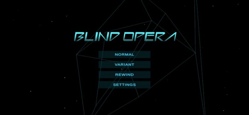 Blind Opera title screen — the cyan BLIND OPERA logo over a black space background with wireframe geometric shapes and Normal, Variant, Rewind and Settings menu buttons, from the iOS game that turns songs from your own music library into reactive space journeys