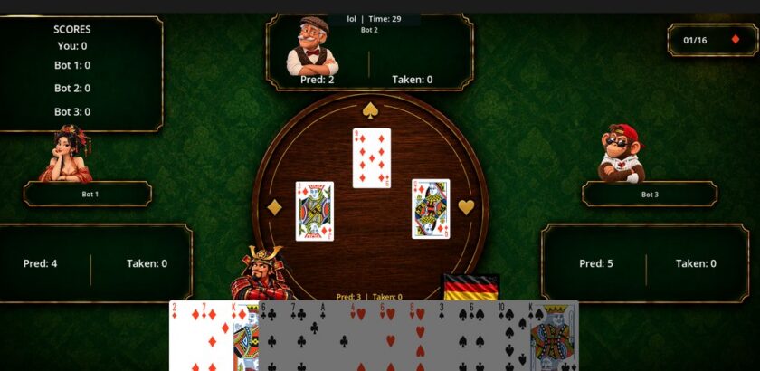 BlindTrick gameplay screenshot — four player avatars sit around a green felt table with cards played in the center and a hand of cards at the bottom, flanked by score and prediction panels in Kraguj Games' 4-player trick-taking card game with blind rounds