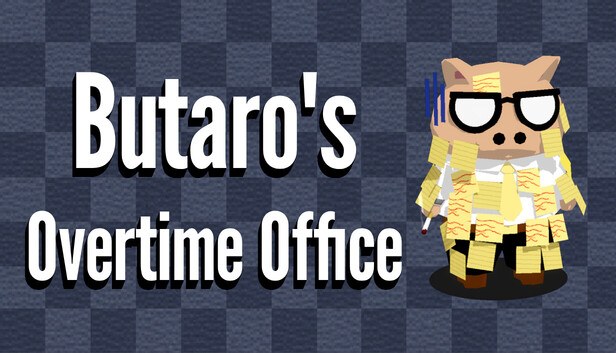 Butaro's Overtime Office cover — a cartoon salaryman pig covered in yellow sticky notes, wearing glasses and a tie, looking burnt out against a blue checkered background with the game's title in bold white text