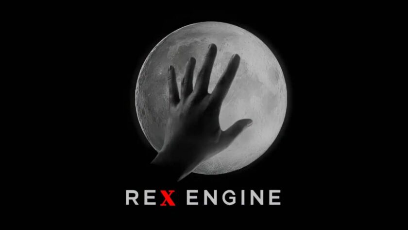 The official REX branding from Capcom's Open Conference RE:2026 — a hand reaching toward a detailed full moon above the REX ENGINE wordmark with a red X, as Capcom evolves RE Engine for an AI-assisted development future