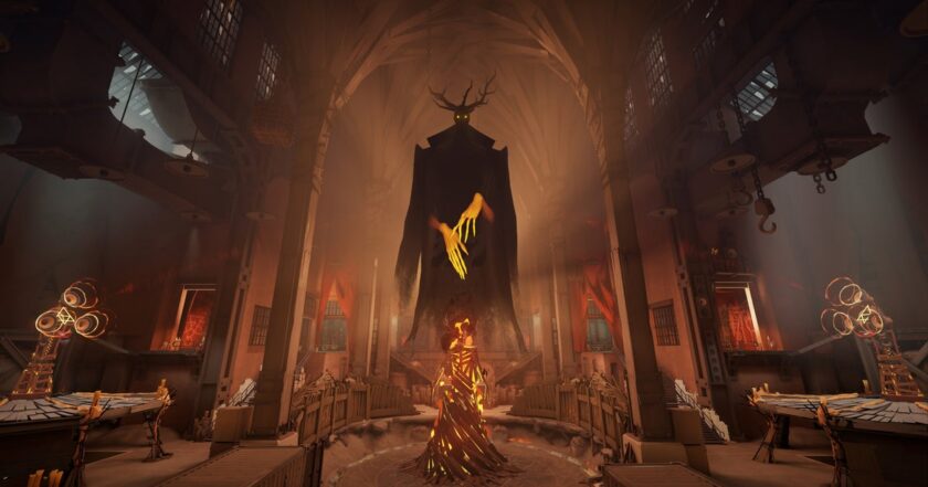 Deadlock's City Never Sleeps update key art — a shadowy antlered entity looming over a fiery figure in a dark cathedral, from Valve's invite-only MOBA which hit a record 228,086 concurrent Steam players
