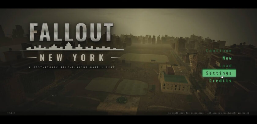 The Fallout: New York title screen from the AI-built fan project — a desolate post-atomic New York cityscape under the tagline 'A Post-Atomic Role-Playing Game', marked as an unofficial fan recreation with procedurally generated assets
