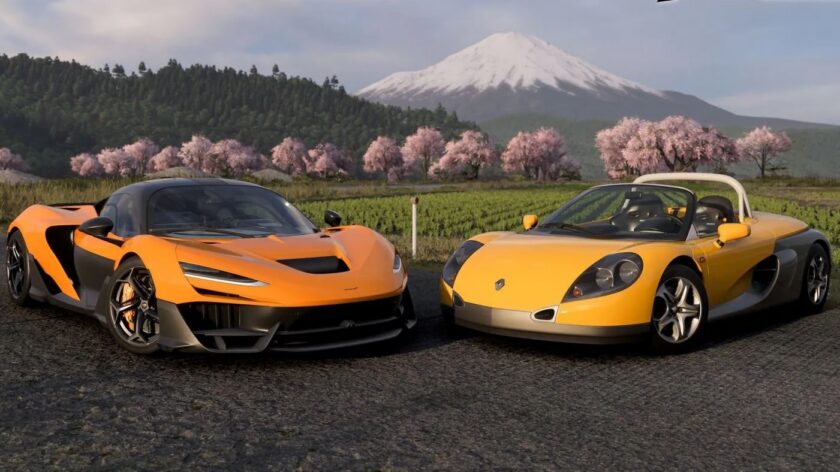 Forza Horizon 6 official art — two supercars parked on a rural Japanese road beneath Mount Fuji and cherry blossoms, ahead of the open-world racing game’s reported January 26, 2027 launch on PS5