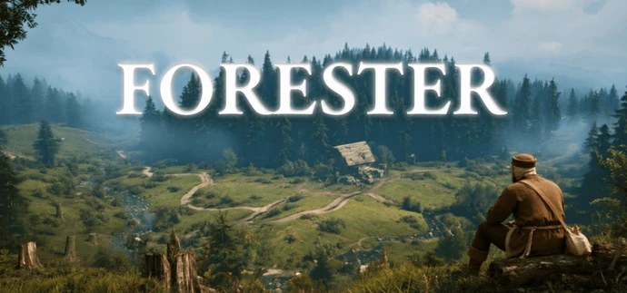 Forester key art — a misty green valley with pine forests, winding paths, a small cabin and distant mountains, a figure in rustic clothing sitting on a stump overlooking the land, with the FORESTER title in white serif lettering