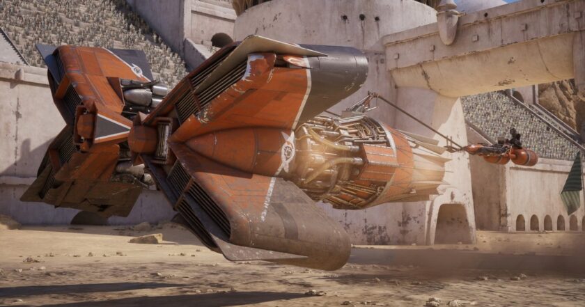 Official Star Wars: Galactic Racer press art — an orange and grey podracer speeding over a sandy arena floor with packed spectator stands, from the Fuse Games roguelite racer that has opened to an 88 Metacritic score