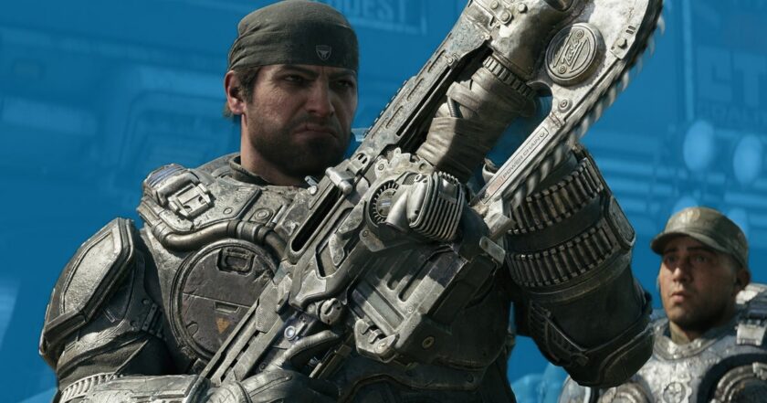 Official Gears of War press art — Marcus Fenix in heavy COG armor raising his Lancer chainsaw rifle under a bright sky, as Gears of War: E-Day goes live in early access ahead of its October 6 launch