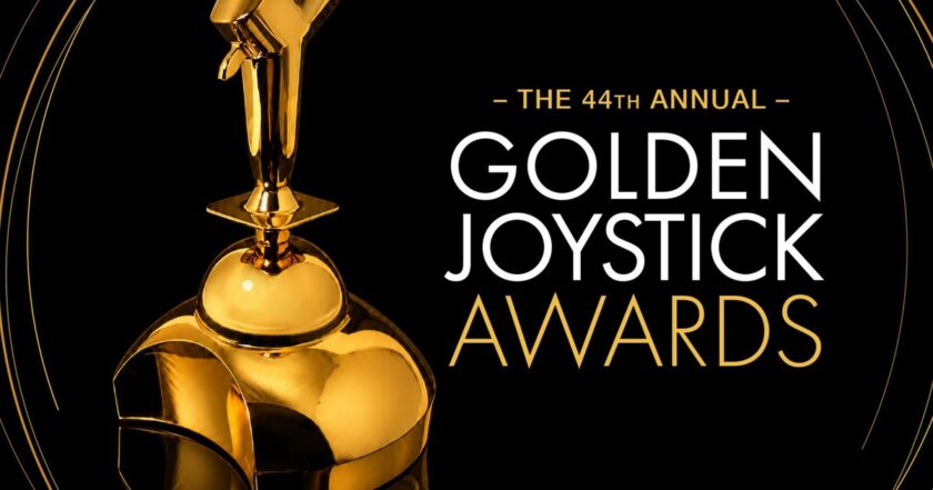 The official Golden Joystick Awards 2026 key art — a gleaming golden joystick trophy on a black background with gold rings, reading 'The 44th Annual Golden Joystick Awards', with public voting open until October 23