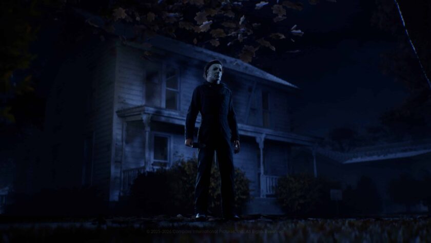 Michael Myers in his white mask and dark coveralls with a knife in front of a suburban home at night — Halloween: The Game art for Illfonic's first DLC, arriving October 27 with two licensed Michael skins and the free Tower Farm map
