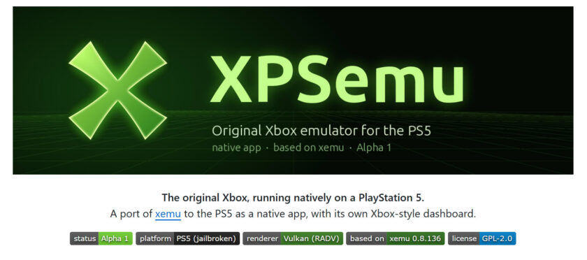 XPSemu banner — an original Xbox emulator for the PS5 based on the open-source xemu project, shown in Alpha 1 running as a native app on jailbroken PS5 hardware with Vulkan rendering