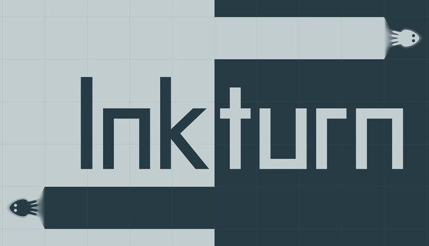 Inkturn cover — minimalist split logo art with 'Ink' on a light half and 'turn' on a dark half, as two cartoon inkfish face each other leaving ink trails across the divide in Lucent Trace's logic puzzle