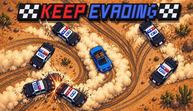 Keep Evading key art — a top-down view of a blue car boxed in by six police cars in a dusty desert, with tire tracks, dust clouds and a police collision throwing sparks, beneath the red-and-blue KEEP EVADING racing title with checkered flags in Piglas' top-down arcade car chase