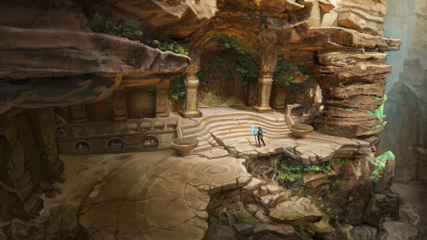 Official Kena: Scars of Kosmora concept art from Ember Lab — the Spirit Guide hero standing on ancient stone steps before a carved temple doorway in a mossy cliff, from the sequel now delayed to 2027