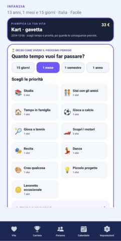 Life Unwritten gameplay screenshot — the life-planning UI showing the INFANZIA childhood stage at age 13, with activity cards for studying, friends, family and sports in LuSor Games' persistent mobile life simulator