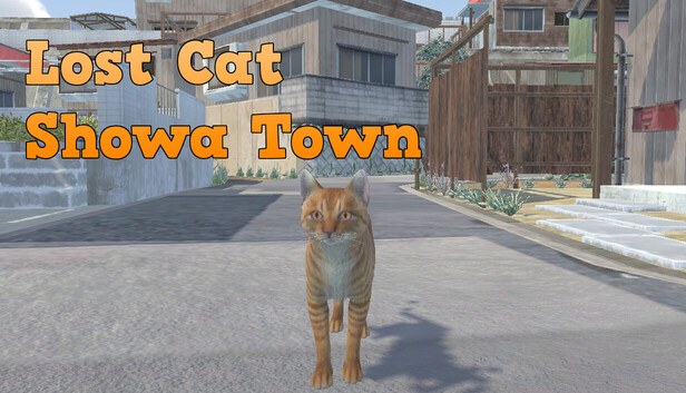 Lost Cat Showa Town cover — a realistic ginger tabby cat walking toward the viewer down a quiet Japanese residential street with concrete-block houses and utility poles, the game's title in orange rounded letters, from Mobaroid's cat adventure