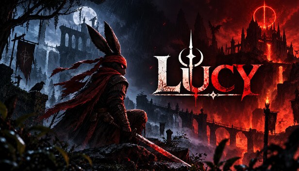 LUCY key art — a rabbit-eared warrior in a red blindfold holds a bloodied sword before burning gothic ruins under a red moon, with the LUCY title in white gothic font, from the dark 2D action platformer by solo developer Yavuzhan Akbulut