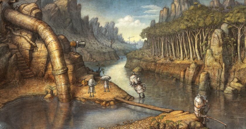 Machinarium 2 screenshot showing Josef and Berta in Amanita Design’s hand-drawn world inspired by old master drawings and Renaissance landscape painting, from the sequel announced 17 years after the 2009 point-and-click classic