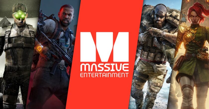 The official Massive Entertainment banner — the studio's red M logo flanked by Sam Fisher's glowing green goggles, a Division agent, a Ghost Recon soldier and a new fantasy character, as Ubisoft folds its Tom Clancy brands under the Swedish studio