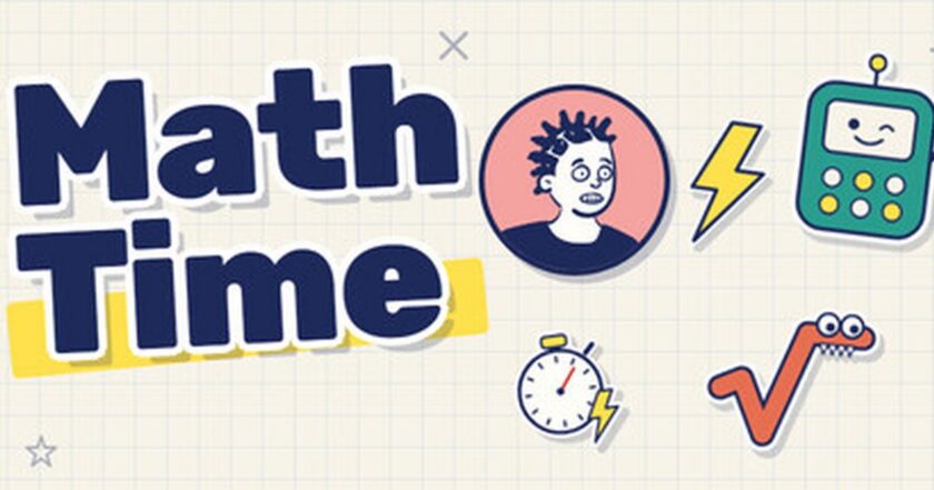 Math Time key art — cartoon math doodles (calculator robot, stopwatch, square root) around the logo on grid paper