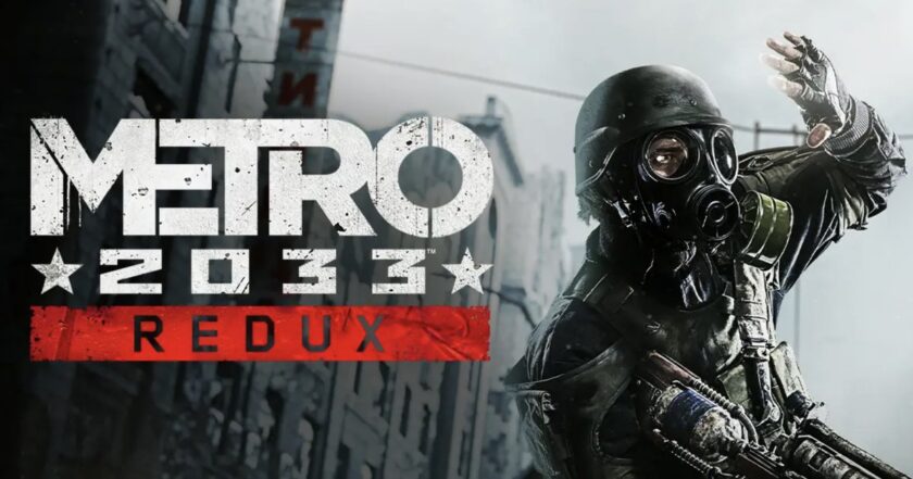 Official Metro 2033 Redux key art — a survivor in a gas mask and tactical gear standing over a ruined grey cityscape with the Metro logo, from the free next-gen update arriving October 22 on PC and October 29 on consoles