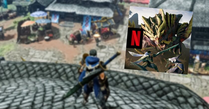 Monster Hunter Rise mobile header — a hunter overlooking Kamura Village beside the Netflix logo, as Capcom brings its 20-million-selling action RPG to iOS and Android through a Netflix subscription