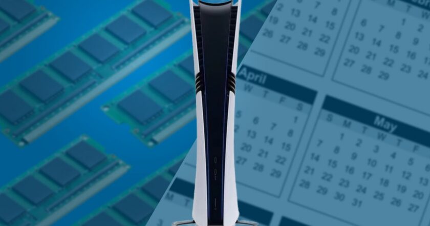 A PlayStation 5 console flanked by RAM memory chips and a calendar grid, illustrating the memory shortage that Micron's CEO says will persist into 2028 and keep pressure on console and component prices
