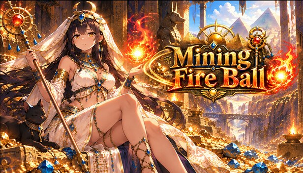 Mining Fire Ball Steam capsule — an anime-style priestess conjuring fireballs while seated on a pile of gold and gems before pyramids, with the game's ornate golden logo, from POCOYA's active incremental mining game