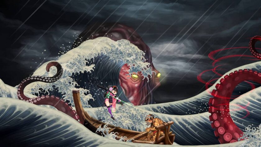 Muramasa: Revenant Blades art — Vanillaware’s hand-painted ukiyo-e style scene of a swordswoman facing a giant sea monster from a wooden boat, from the 2027 remake of Muramasa: The Demon Blade