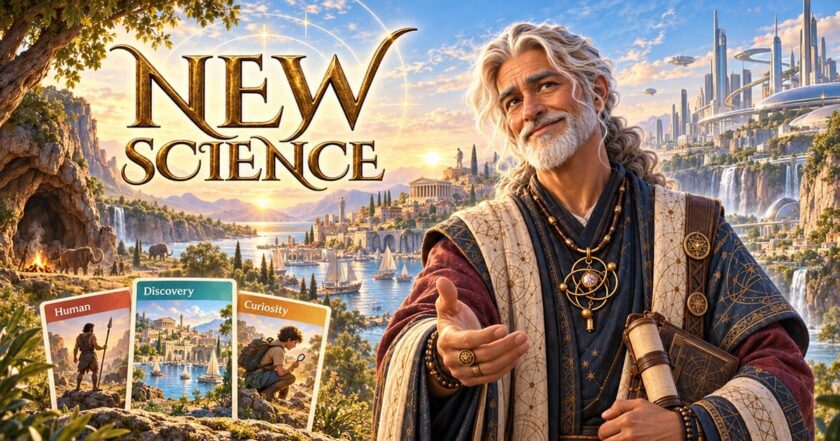 New Science key art — the ornate NEW SCIENCE title above a gray-bearded sage in astronomical robes holding a scroll, with Human, Discovery and Curiosity cards in the foreground and a background running from Stone Age caves through classical temples to a futuristic metropolis in Agapo Games' card-crafting discovery game