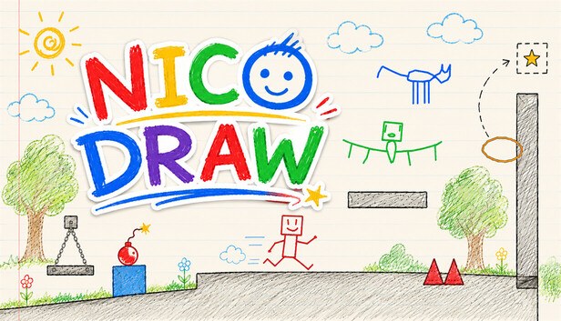 NICO DRAW cover — a cheerful crayon-on-paper scene with hand-drawn stick figures, platforms, trees and a sun, with the NICO DRAW title in colorful kid-style letters with a smiley face, from the co-op platformer where players draw their own characters