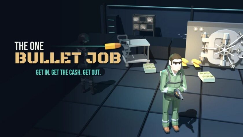 The One Bullet Job cover art — a low-poly thief in a green jumpsuit aiming a pistol with a single bullet flying toward cash stacks and a bank vault on a gridded floor, with the game's title and 'Get In. Get The Cash. Get Out.' tagline, from Ki10 Games' turn-based heist puzzle game