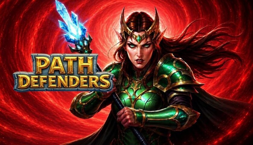 Path Defenders key art — an armored fantasy heroine holding a glowing crystal staff against a swirling red magical background, with the PATH DEFENDERS title in metallic gold lettering, from the single-player MMORPG fused with tower defense
