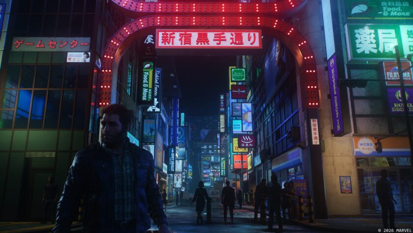 Marvel's Wolverine key art — Logan in a leather jacket beneath neon signage in a rain-slicked Shinjuku street at night, one of the two first games patched with Sony's new QSSR AI upscaling on PS5