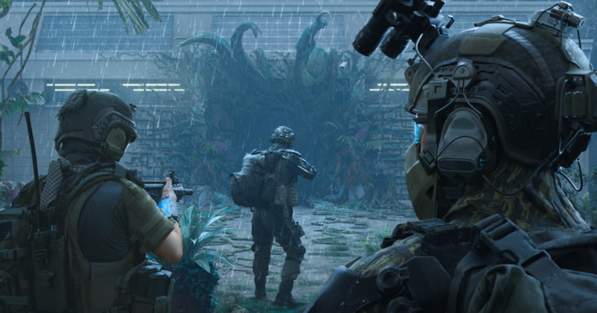 Official PUBG: Black Budget key art — three heavily equipped operators moving through a rain-soaked, overgrown derelict interior, from the extraction shooter Krafton has now cancelled