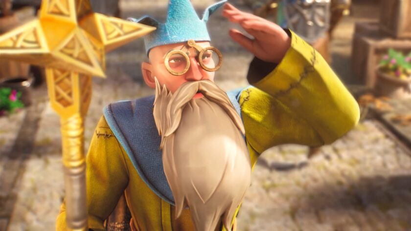 Official RuneScape 4 teaser art from Jagex's RuneFest 2026 announcement — a bearded wizard in blue robes and round spectacles raising a golden staff beneath a bright sky, from the Unreal Engine MMO sequel that began as a Dragonwilds expansion