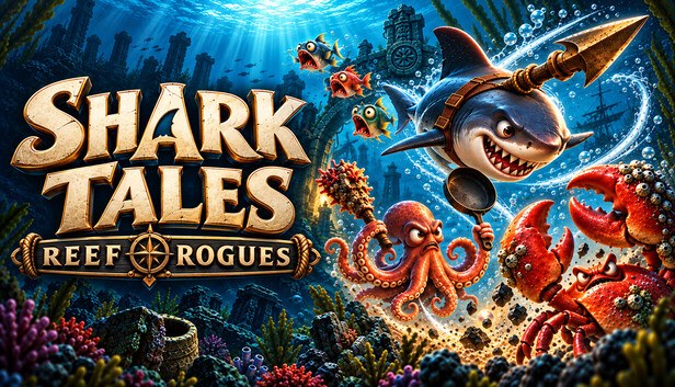 Shark Tales: Reef Rogues key art — a spear-wielding shark in a helmet leading an octopus with a spiked mace and armed crabs through sunken ruins, with the SHARK TALES title in bold letters, from the underwater roguelite bullet heaven